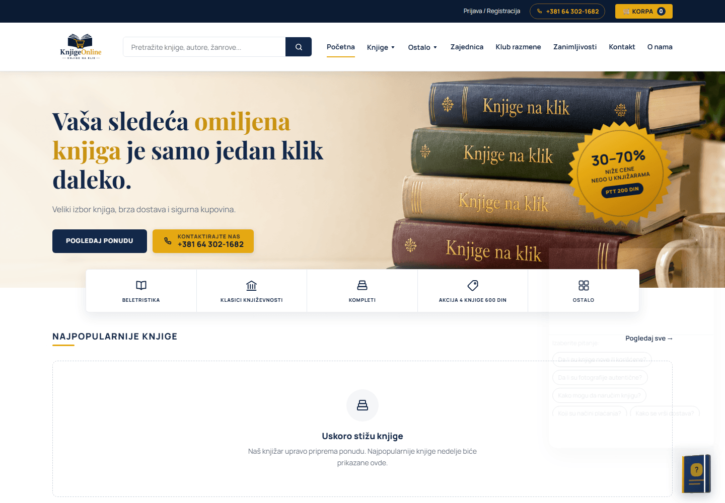 Početna stranica KnjigeNaKlik web shopa sa katalogom knjiga, pretragom i ponudama